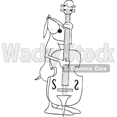 Clipart of a Cartoon Black and White Lineart Dog Musician Playing a Double Bass - Royalty Free Vector Illustration © djart #1448472