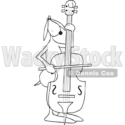 Clipart of a Cartoon Black and White Lineart Dog Musician Playing a Bass Fiddle - Royalty Free Vector Illustration © djart #1448473