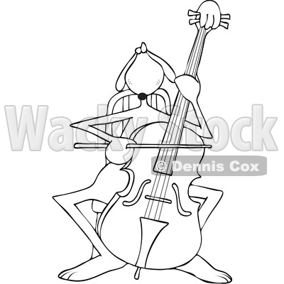 Clipart Graphic of a Cartoon Black and White Lineart Cellist Musician Dog Playing a Cello - Royalty Free Vector Illustration © djart #1450255