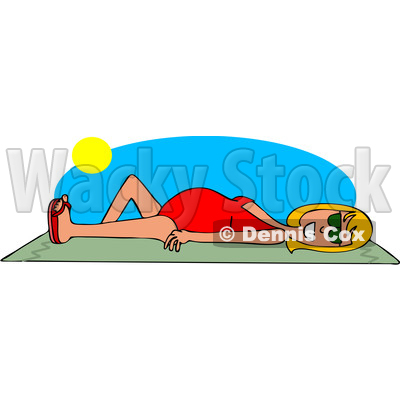 Clipart Graphic of a Cartoon Happy Pregnant White Woman Sun Bathing on a Beach Towel - Royalty Free Vector Illustration © djart #1451406