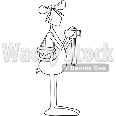 Clipart Graphic of a Cartoon Black and White Lineart Moose Photographer Wearing Sunglasses and Taking Pictures with a Camera - Royalty Free Vector Illustration © djart #1451459