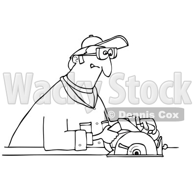 Clipart Graphic of a Cartoon Black and White Lineart Man Using a Circular Saw - Royalty Free Vector Illustration © djart #1454435
