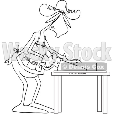 Clipart Graphic of a Cartoon Black and White Lineart Moose Carpenter Using a Saw - Royalty Free Vector Illustration © djart #1454532