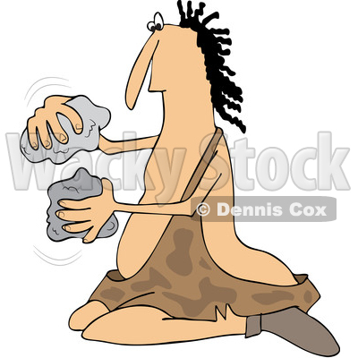 Clipart of a Cartoon Caveman Banging Rocks Together - Royalty Free Vector Illustration © djart #1455245