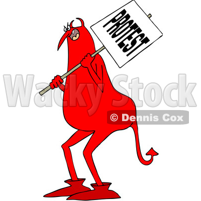 Clipart of a Cartoon Chubby Red Devil Protestor Holding a Sign - Royalty Free Vector Illustration © djart #1455533