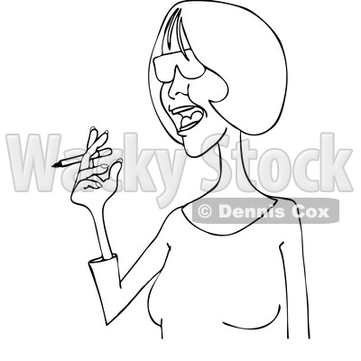 Clipart of a Cartoon Black and White Lineart Middle Aged Woman Smoking a Cigarette - Royalty Free Vector Illustration © djart #1455654