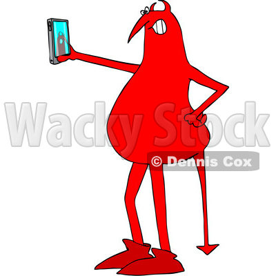 Clipart of a Cartoon Red Devil Taking a Selfie with a Cell Phone - Royalty Free Vector Illustration © djart #1457034