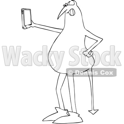 Clipart of a Cartoon Black and White Devil Taking a Selfie with a Cell Phone - Royalty Free Vector Illustration © djart #1457035
