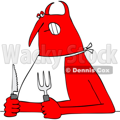 Clipart of a Chubby Hungry Red Devil Wearing a Big and Holding Cutlery - Royalty Free Vector Illustration © djart #1458162