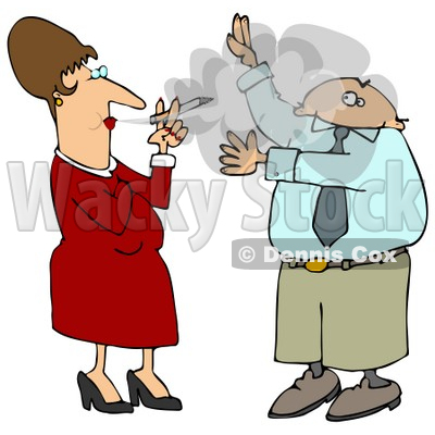 Businessman Lifting His Arms To Shield His Face From A Rude Woman's Secondhand Smoke Who Is Smoking A Cigarette And Blowing It In His Face Clipart Illustration © djart #14596