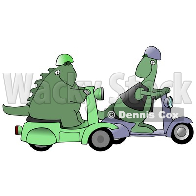 Green Dinosaur Wearing A Vest And Helmet And Riding A Scooter, Looking Back Over His Shoulder While Passing Another Scooter Riding Dino Clipart Illustration © djart #14599