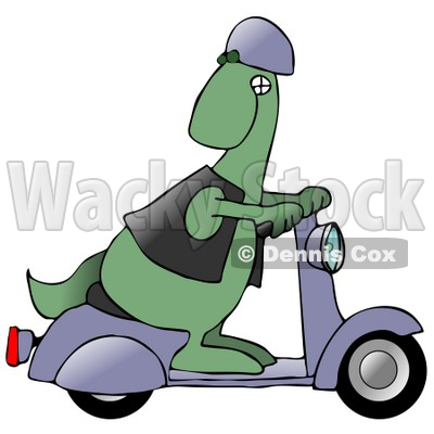 Cool Green Dinosaur Wearing A Vest And Helmet, Looking Back Over His Shoulder While Riding A Grey Scooter Clipart Illustration © djart #14600