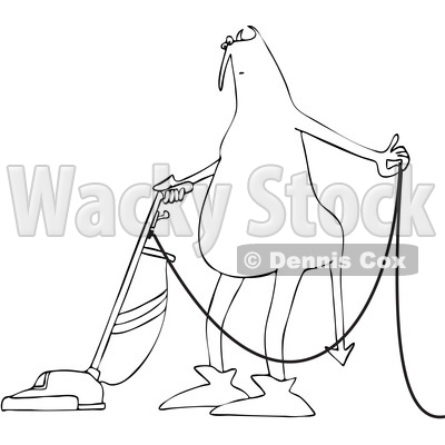 Clipart of a Cartoon Black and White Chubby Devil Vacuuming - Royalty Free Vector Illustration © djart #1460990