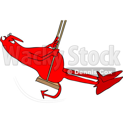 Clipart of a Cartoon Chubby Red Devil Swinging - Royalty Free Vector Illustration © djart #1461327