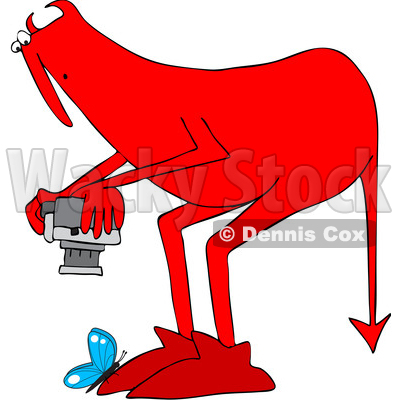 Clipart of a Chubby Red Devil Leaning over to Take a Macro Photograph of a Butterfly - Royalty Free Vector Illustration © djart #1462261