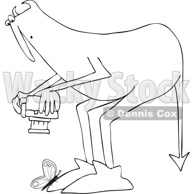 Clipart of a Chubby Devil Leaning over to Take a Macro Photograph of a Butterfly, Black and White - Royalty Free Vector Illustration © djart #1462262