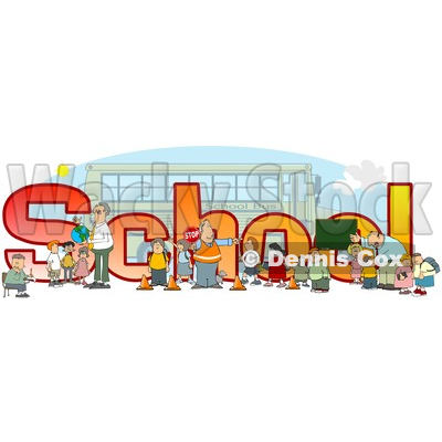 Clipart of a Crossing Guard, Teachers and Students in Front of School Text and a Bus - Royalty Free Illustration © djart #1468114
