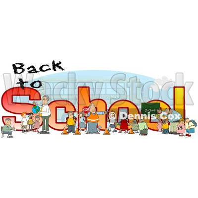Clipart of a Crossing Guard, Teachers and Students in Front of Back to School Text and a Bus - Royalty Free Illustration © djart #1468115