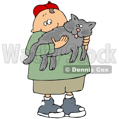 Chubby Little Caucasian Boy In A Red Hat, Green T Shirt, Tan Shorts Ad Blue Shoes, Holding His Gray Pet Kitty Cat Clipart Illustration Graphic © djart #14710
