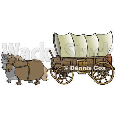 Two Horses Pulling A Big Covered Wagon On The Oregon Trail Clipart Illustration © djart #14714
