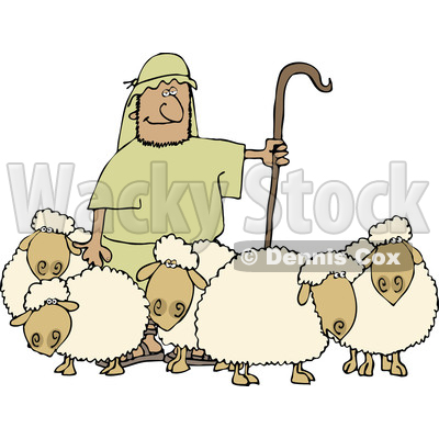 Clipart of a Shepherd Guarding His Sheep - Royalty Free Vector Illustration © djart #1476677