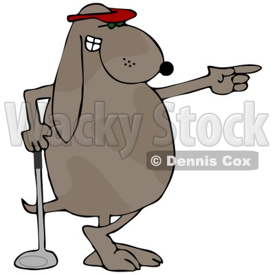 Pro-Golfing Dog Wearing A Red Visor Hat And Standing With His Ankles Crossed While Leaning On A Golf Club And Pointing Graphic Clipart © djart #15132