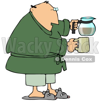 Tired Man Just Waking Up In The Morning, Wearing Slippers, Pajamas And A Green Robe, Holding A Coffee Pot And A Mug Clipart Graphic © djart #15134