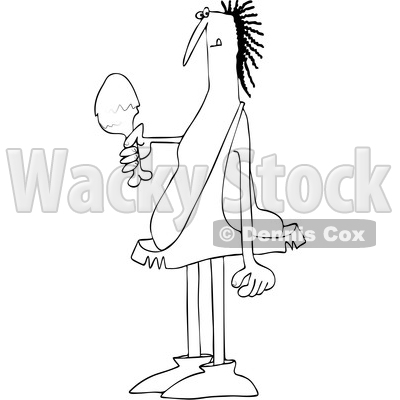 Clipart of a Cartoon Outline Caveman Holding a Meaty Drumstick - Royalty Free Vector Illustration © djart #1514035