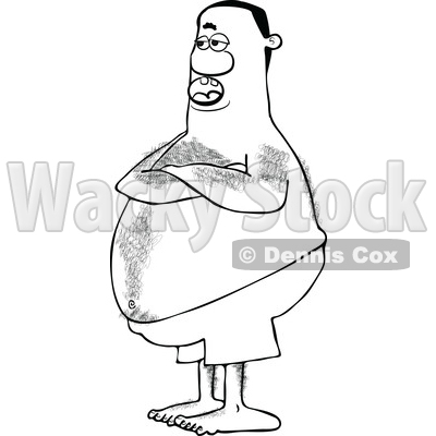 Clipart of a Black and White Hairy Chubby Man with Folded Arms, Standing in Swim Trunks - Royalty Free Vector Illustration © djart #1514880