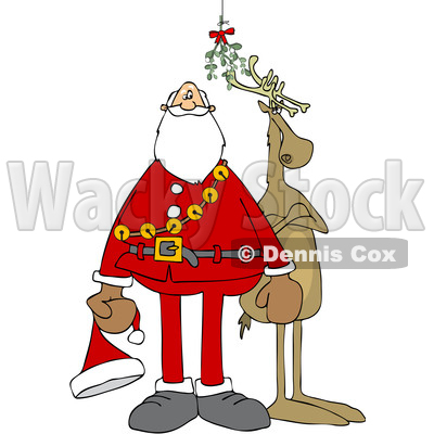 Clipart of a Cartoon Christmas Santa Claus and Reindeer Under the Mistletoe - Royalty Free Vector Illustration © djart #1516055