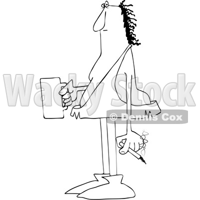 Clipart of a Cartoon Black and White Caveman Smoking a Cigarette and Drinking Coffee - Royalty Free Vector Illustration © djart #1516056