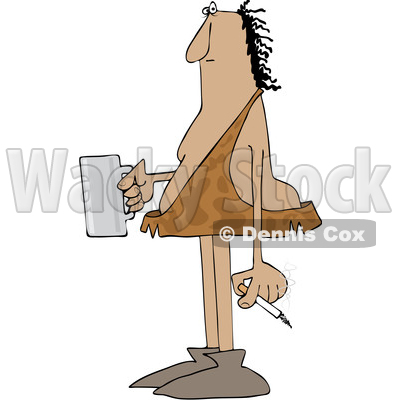 Clipart of a Cartoon Caveman Smoking a Cigarette and Drinking Coffee - Royalty Free Vector Illustration © djart #1516057
