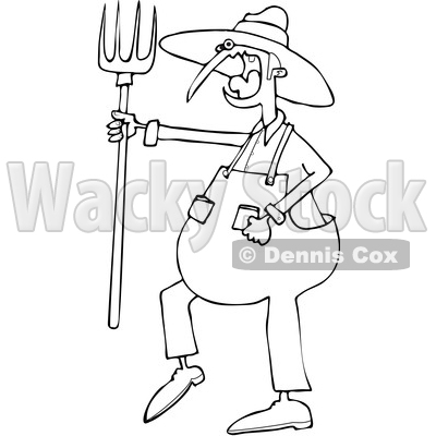 Clipart of a Cartoon Black and White Angry Yelling Male Farmer Holding a Pitchfork - Royalty Free Vector Illustration © djart #1522416