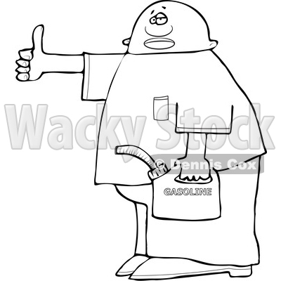 Clipart of a Lineart Man Holding a Gas Can and Hitchhiking - Royalty Free Vector Illustration © djart #1532999