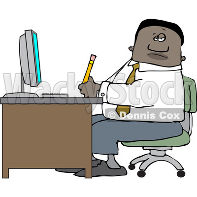 Clipart of a Black Business Man Working at an Office Desk - Royalty Free Vector Illustration © djart #1535122