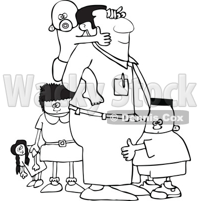 Clipart of a Lineart Cartoon Black Father and His Kids - Royalty Free Vector Illustration © djart #1544734