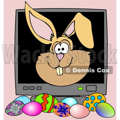 Clipart of a Bunny Rabbit Face Popping out of a Computer Screen over Easter Eggs, on Pink - Royalty Free Illustration © djart #1545150