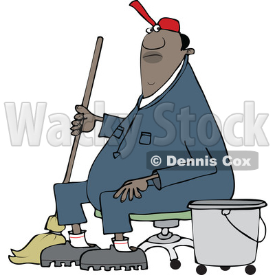 Clipart of a Cartoon Black Male Custodian Janitor Taking a Break and Sitting in a Chair with a Mop and Bucket - Royalty Free Vector Illustration © djart #1552197