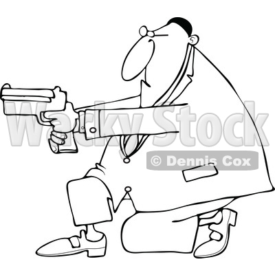 Clipart of a Cartoon Lineart Black Man Kneeling and Using a Pistol - Royalty Free Vector Illustration © djart #1555452