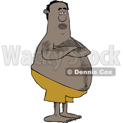 Clipart of a Hairy Chubby Black Man with Folded Arms, Standing in Swim Trunks - Royalty Free Vector Illustration © djart #1555455