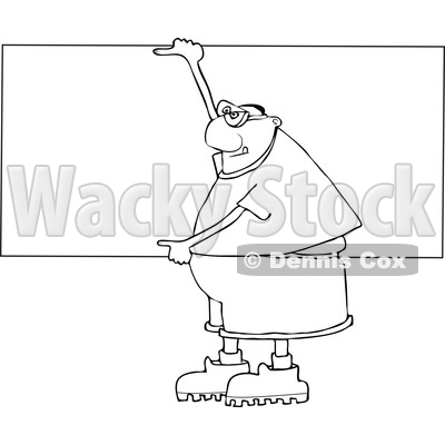 Clipart of a Cartoon Lineart Chubby Black Man Wearing Safety Goggles and Holding up a Blank Sign - Royalty Free Vector Illustration © djart #1559134