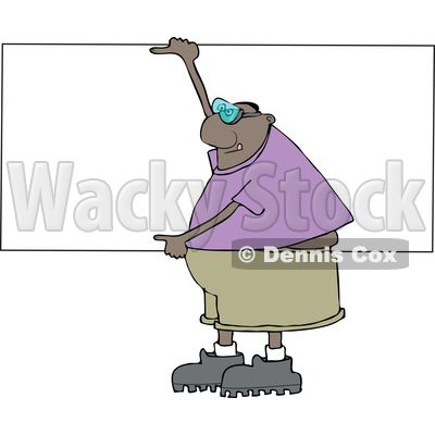 Clipart of a Cartoon Chubby Black Man Wearing Safety Goggles and Holding up a Blank Sign - Royalty Free Vector Illustration © djart #1559137