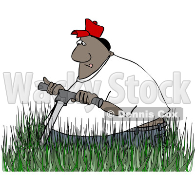 Clipart of a Cartoon Black Man Mowing in Really Tall Grass - Royalty Free Vector Illustration © djart #1559969