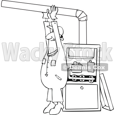 Clipart of a Cartoon Lineart Black Male Furnace Installer Adjusting a Pipe - Royalty Free Vector Illustration © djart #1560323