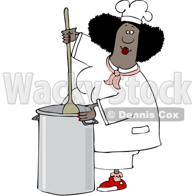 Clipart of a Cartoon Black Culinary Chef Woman Mixing a Pot of Food in a Kitchen - Royalty Free Vector Illustration © djart #1560411