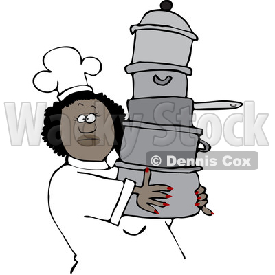 Clipart of a Happy Black Chef Woman in a White Hat and Uniform, Carrying a Large Stack of Pots - Royalty Free Vector Illustration © djart #1560413