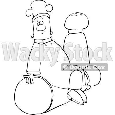 Clipart of a Lineart Black Male Chef Sitting on Top of a Tipped Salt Shaker in Front of a Pepper Shaker - Royalty Free Vector Illustration © djart #1560729