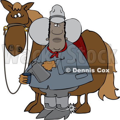 Clipart of a Black Cowboy Pouring a Cup of Coffee by a Horse - Royalty Free Vector Illustration © djart #1562918