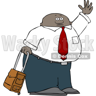 Clipart of a Traveling Black Business Man with Rolling Luggage, Waving Goodbye or Hailing a Taxi Cab - Royalty Free Vector Illustration © djart #1562919