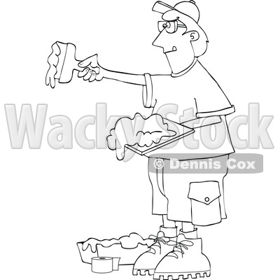 Clipart of a Lineart Drywall Installer Working - Royalty Free Vector Illustration © djart #1567807